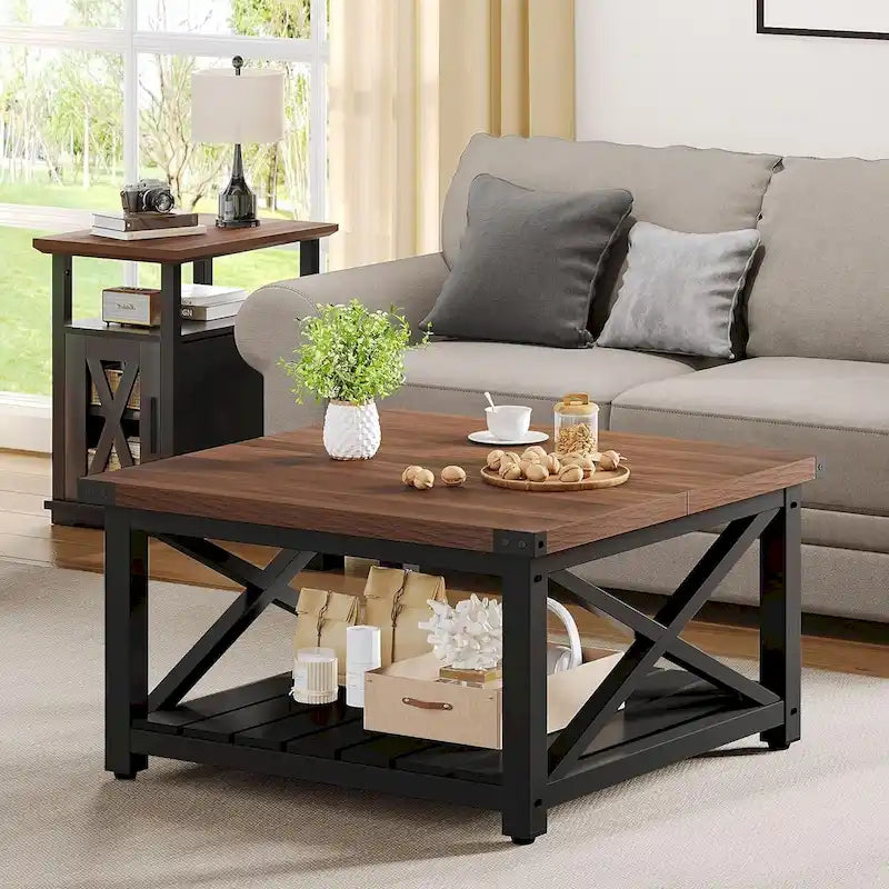 Table Basse Carrée de Ferme 4 Couleurs avec Pieds en X et 2 Niveaux de Rangement (Options Plateau Relevable)