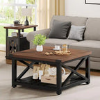 Table Basse Carrée de Ferme 4 Couleurs avec Pieds en X et 2 Niveaux de Rangement (Options Plateau Relevable)