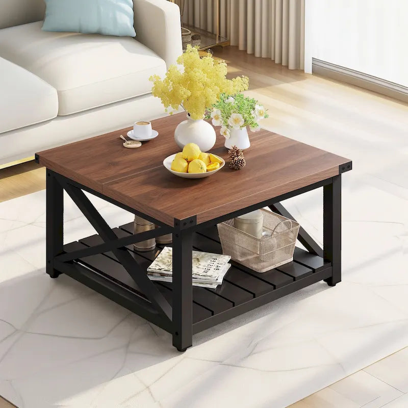 Table Basse Carrée de Ferme 4 Couleurs avec Pieds en X et 2 Niveaux de Rangement (Options Plateau Relevable)