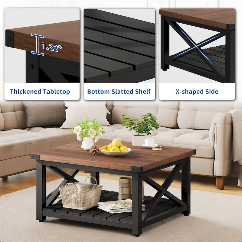 Table Basse Carrée de Ferme 4 Couleurs avec Pieds en X et 2 Niveaux de Rangement (Options Plateau Relevable)