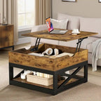 Table Basse Carrée de Ferme 4 Couleurs avec Pieds en X et 2 Niveaux de Rangement (Options Plateau Relevable)