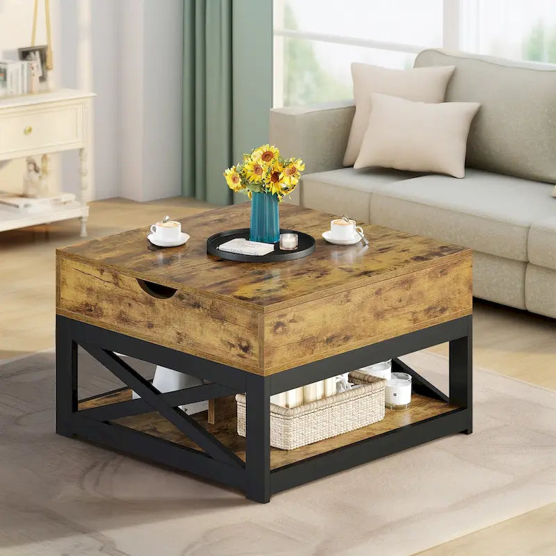 Table Basse Carrée de Ferme 4 Couleurs avec Pieds en X et 2 Niveaux de Rangement (Options Plateau Relevable)