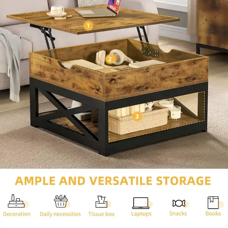 Table Basse Carrée de Ferme 4 Couleurs avec Pieds en X et 2 Niveaux de Rangement (Options Plateau Relevable)