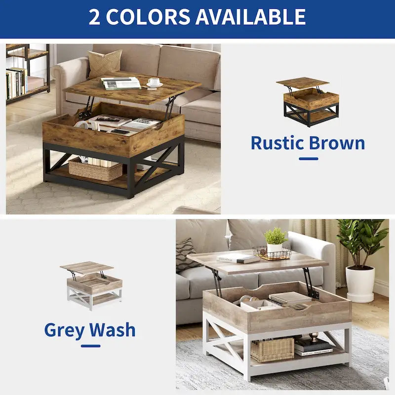 Table Basse Carrée de Ferme 4 Couleurs avec Pieds en X et 2 Niveaux de Rangement (Options Plateau Relevable)
