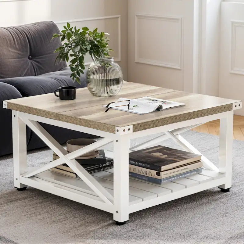 Table Basse Carrée de Ferme 4 Couleurs avec Pieds en X et 2 Niveaux de Rangement (Options Plateau Relevable)