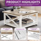 Table Basse Carrée de Ferme 4 Couleurs avec Pieds en X et 2 Niveaux de Rangement (Options Plateau Relevable)