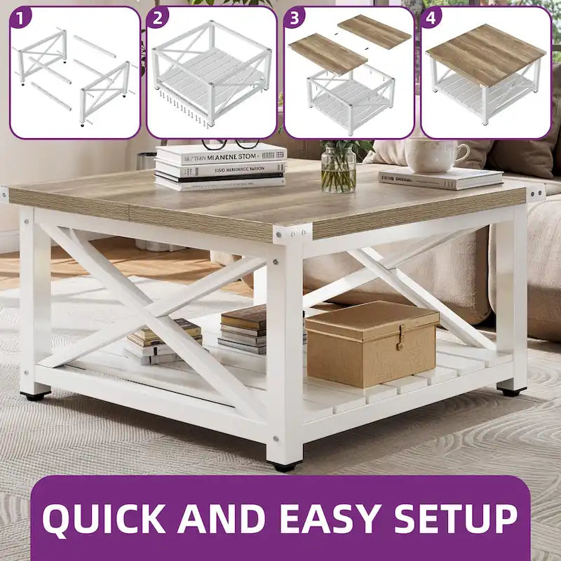 Table Basse Carrée de Ferme 4 Couleurs avec Pieds en X et 2 Niveaux de Rangement (Options Plateau Relevable)