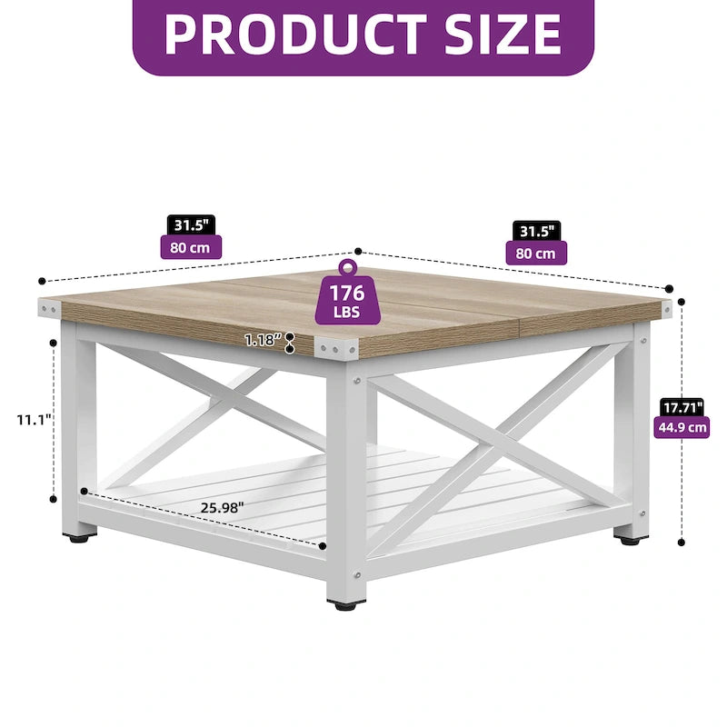 Table Basse Carrée de Ferme 4 Couleurs avec Pieds en X et 2 Niveaux de Rangement (Options Plateau Relevable)