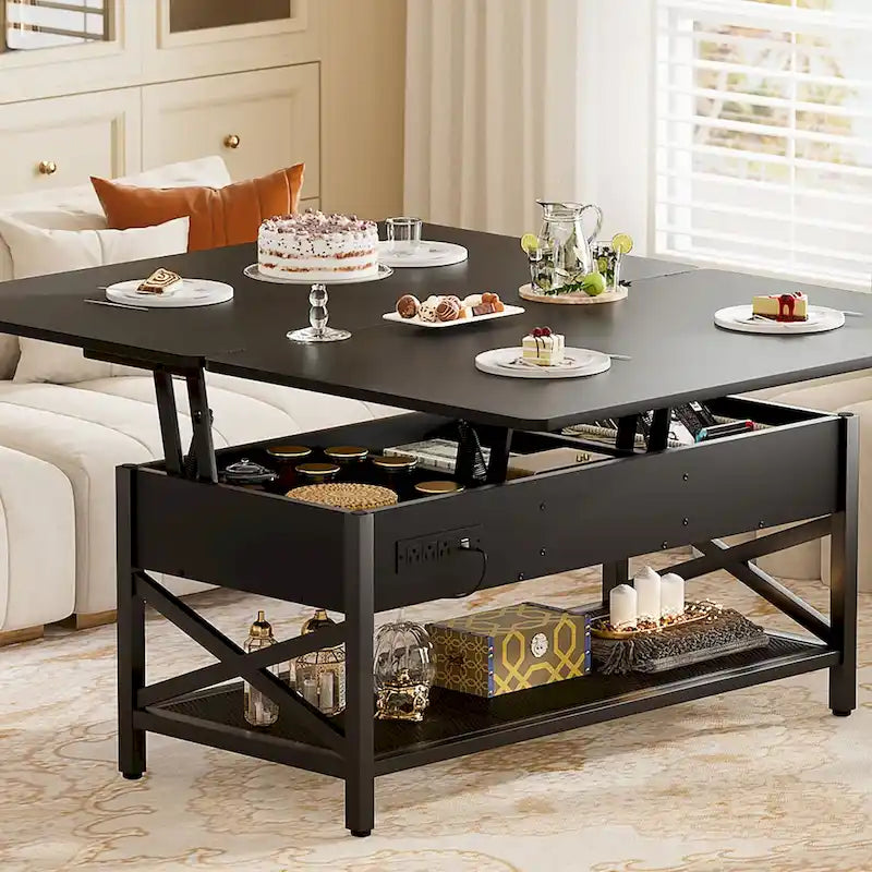 Table basse relevable moderne 4 couleurs avec LED RVB, USB et prises de courant pour 2+