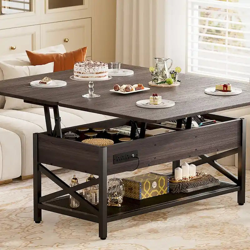 Table basse relevable moderne 4 couleurs avec LED RVB, USB et prises de courant pour 2+