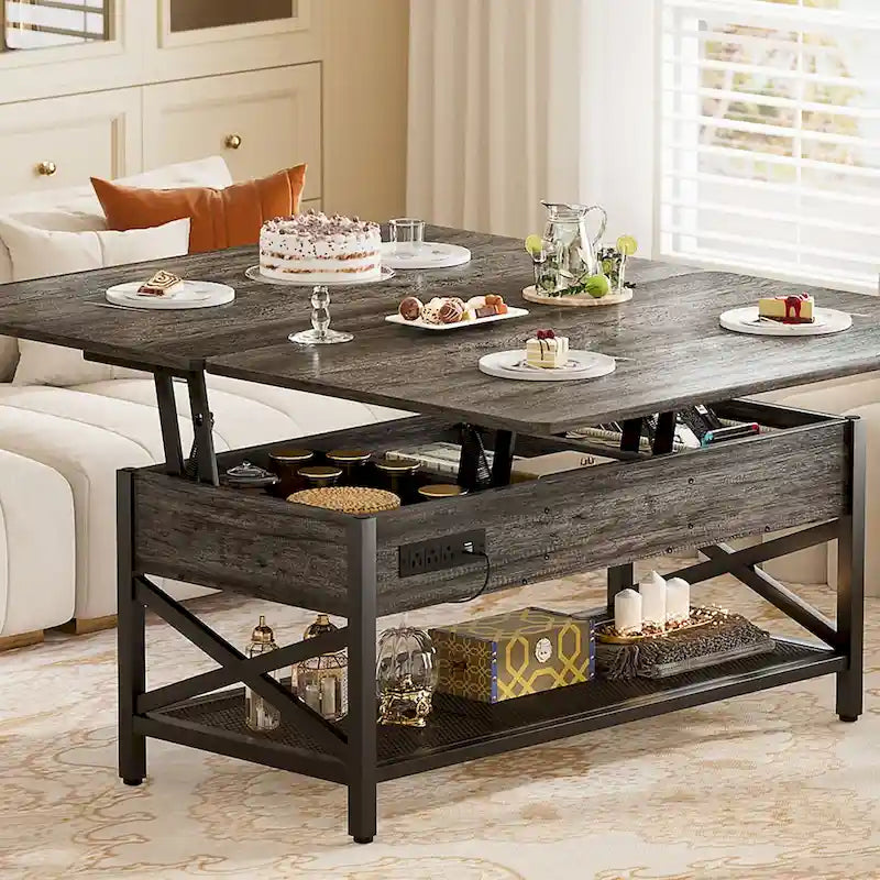 Table basse relevable moderne 4 couleurs avec LED RVB, USB et prises de courant pour 2+