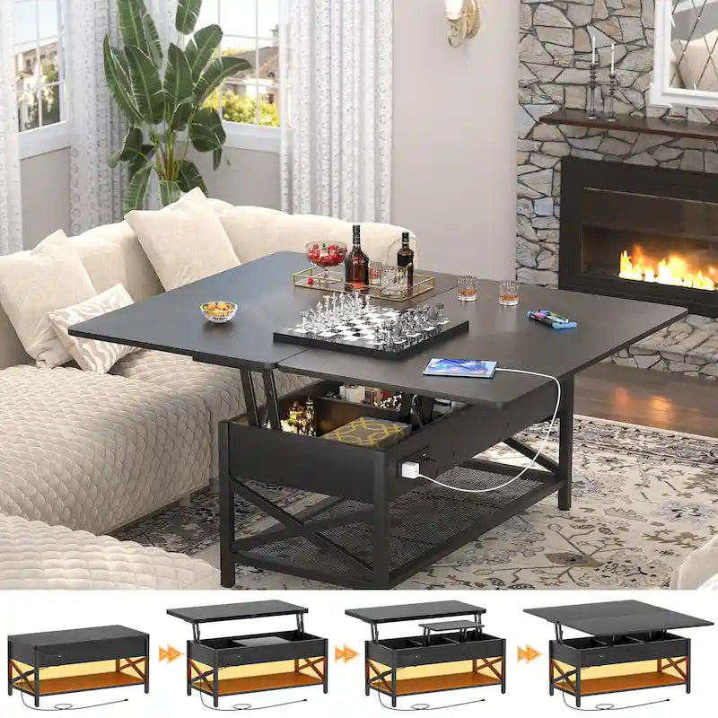 Table basse relevable moderne 4 couleurs avec LED RVB, USB et prises de courant pour 2+
