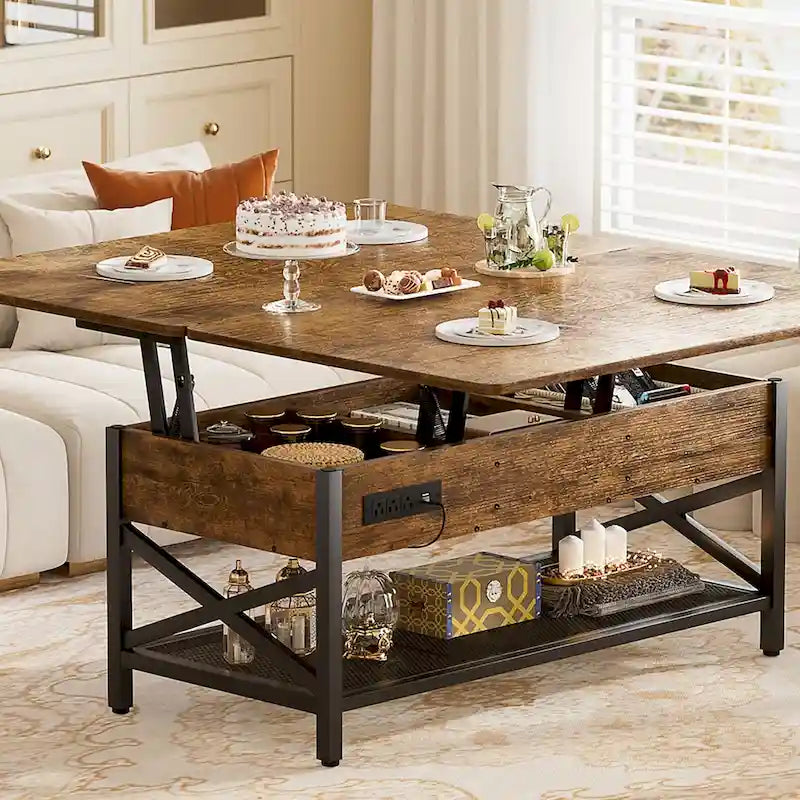 Table basse relevable moderne 4 couleurs avec LED RVB, USB et prises de courant pour 2+