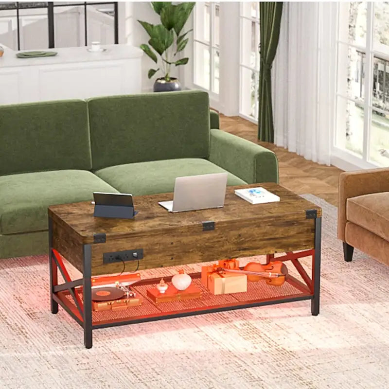 Table basse relevable moderne 4 couleurs avec LED RVB, USB et prises de courant pour 2+