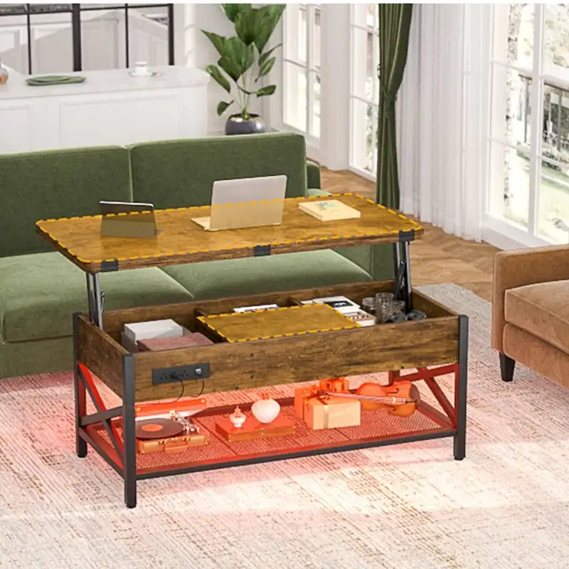 Table basse relevable moderne 4 couleurs avec LED RVB, USB et prises de courant pour 2+