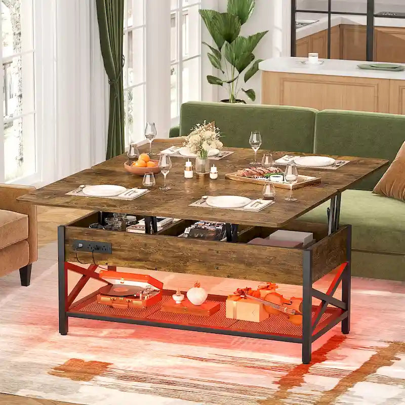 Table basse relevable moderne 4 couleurs avec LED RVB, USB et prises de courant pour 2+