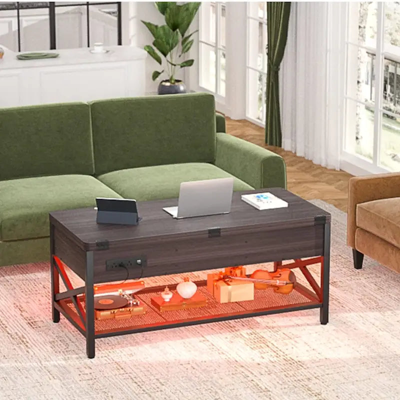 Table basse relevable moderne 4 couleurs avec LED RVB, USB et prises de courant pour 2+