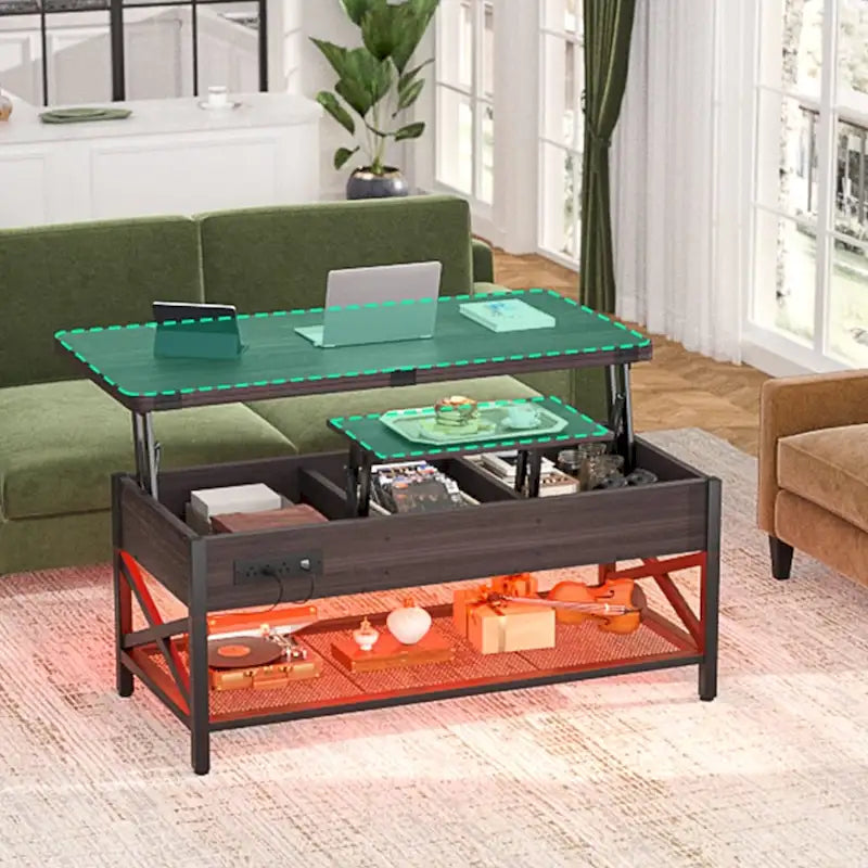 Table basse relevable moderne 4 couleurs avec LED RVB, USB et prises de courant pour 2+