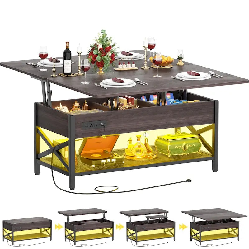 Table basse relevable moderne 4 couleurs avec LED RVB, USB et prises de courant pour 2+