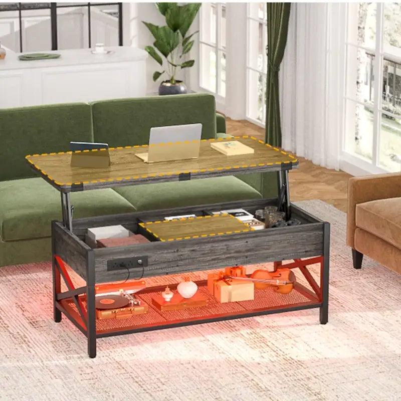 Table basse relevable moderne 4 couleurs avec LED RVB, USB et prises de courant pour 2+