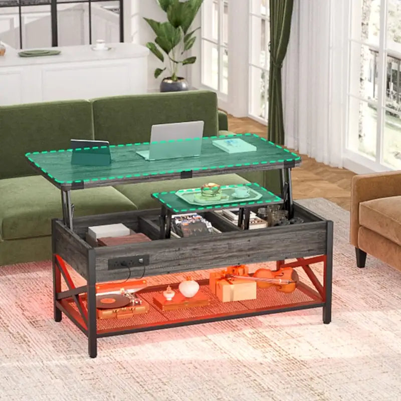 Table basse relevable moderne 4 couleurs avec LED RVB, USB et prises de courant pour 2+