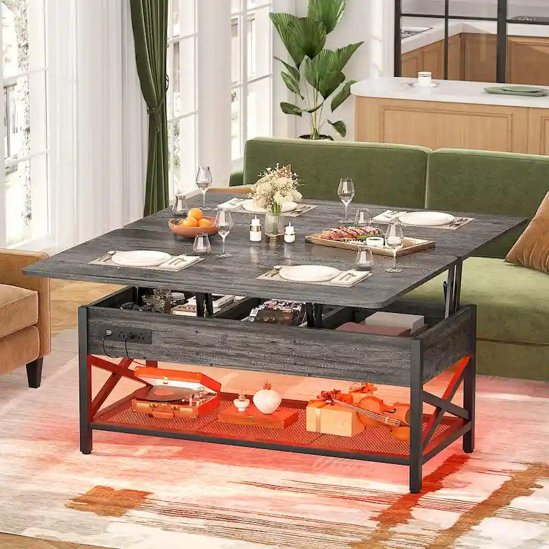 Table basse relevable moderne 4 couleurs avec LED RVB, USB et prises de courant pour 2+