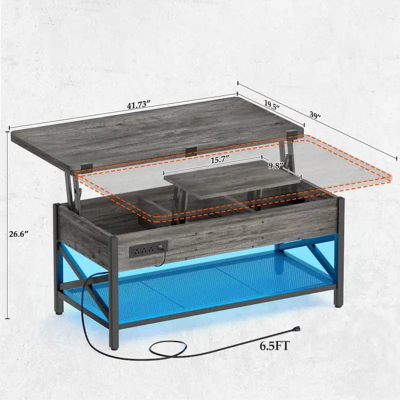 Table basse relevable moderne 4 couleurs avec LED RVB, USB et prises de courant pour 2+