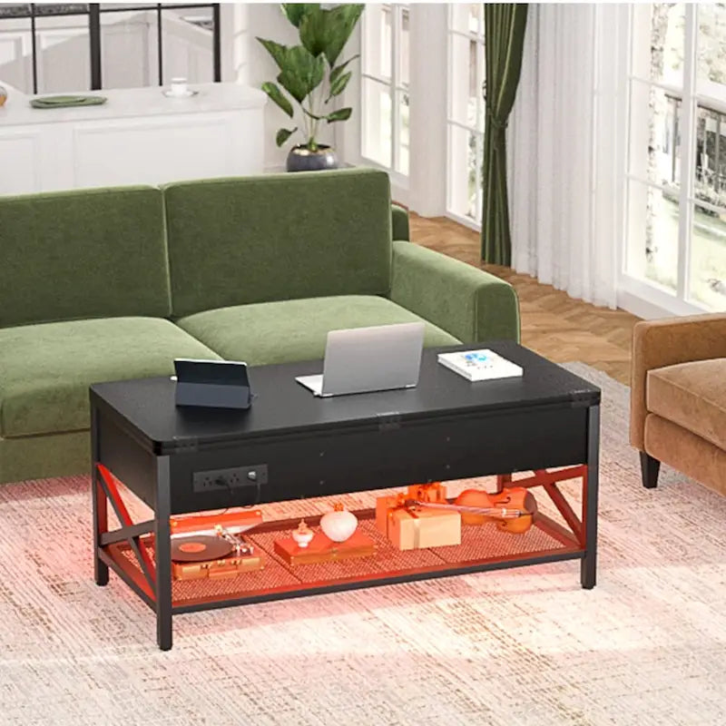 Table basse relevable moderne 4 couleurs avec LED RVB, USB et prises de courant pour 2+