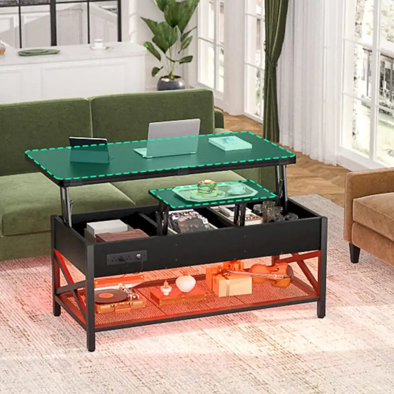 Table basse relevable moderne 4 couleurs avec LED RVB, USB et prises de courant pour 2+