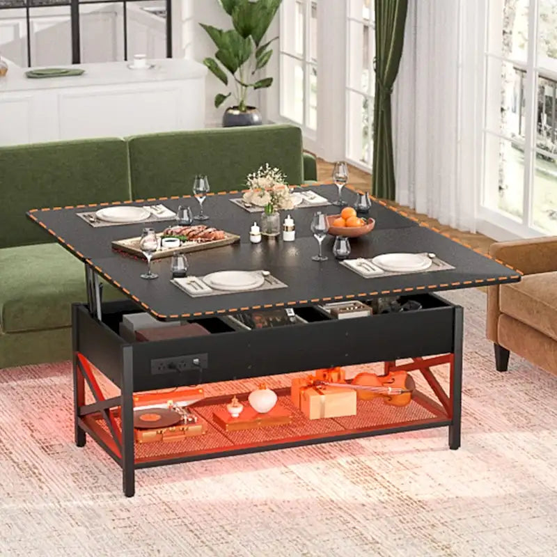 Table basse relevable moderne 4 couleurs avec LED RVB, USB et prises de courant pour 2+