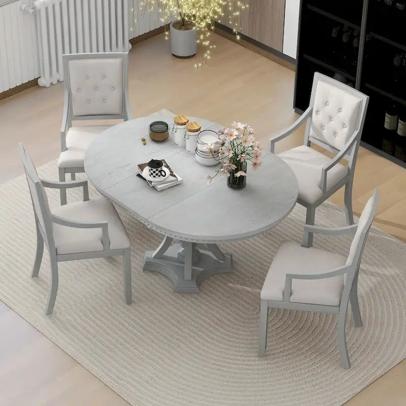 Table de salle à manger ronde extensible 4 places de style ferme à 3 couleurs et 4 chaises rembourrées