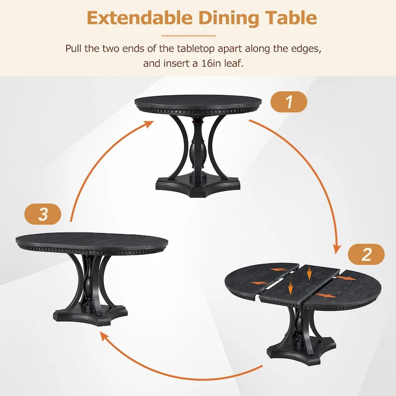 Table de salle à manger ronde extensible 4 places de style ferme à 3 couleurs et 4 chaises rembourrées