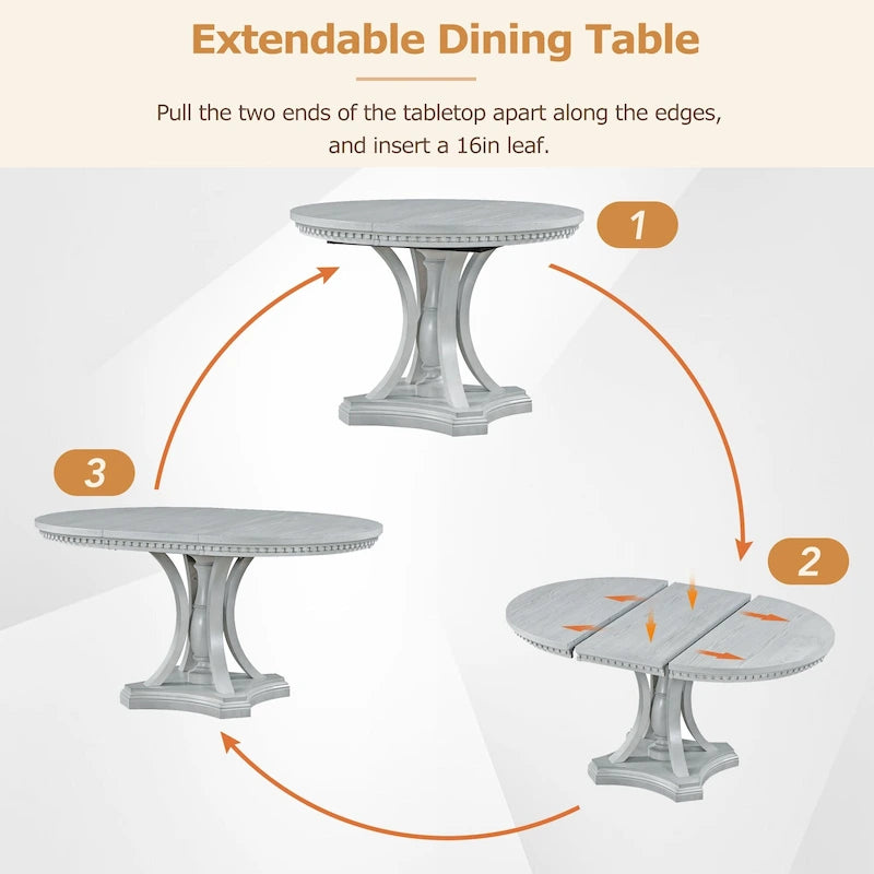 Table de salle à manger ronde extensible 4 places de style ferme à 3 couleurs et 4 chaises rembourrées