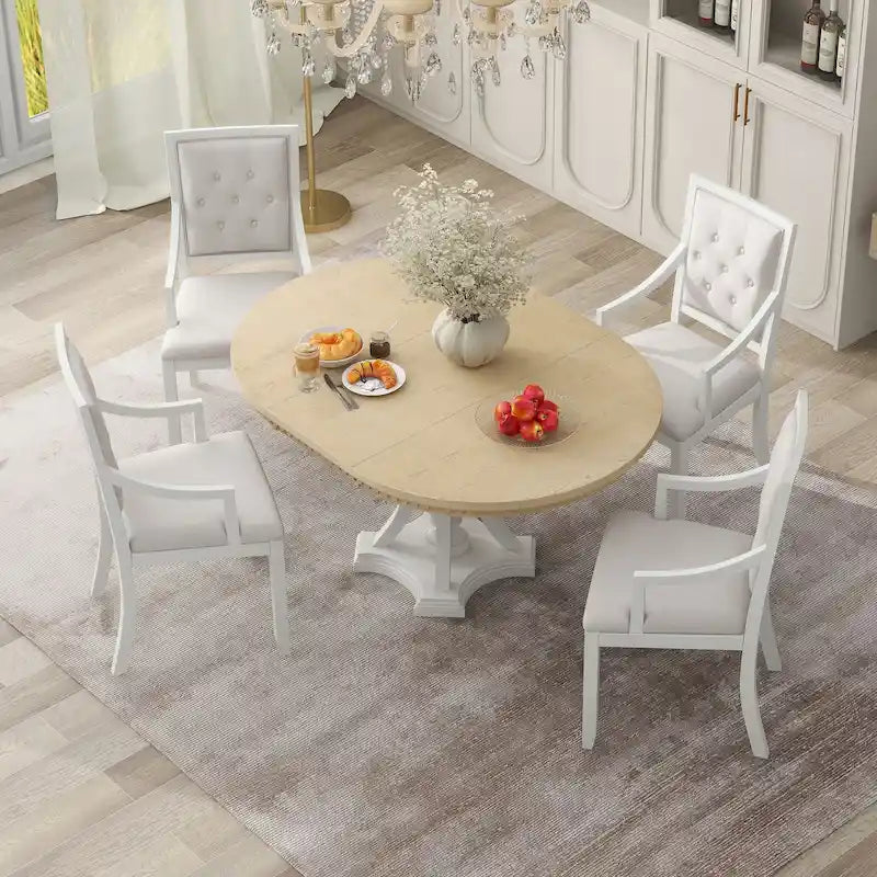 Table de salle à manger ronde extensible 4 places de style ferme à 3 couleurs et 4 chaises rembourrées