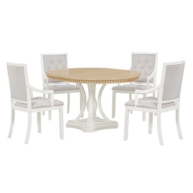 Table de salle à manger ronde extensible 4 places de style ferme à 3 couleurs et 4 chaises rembourrées