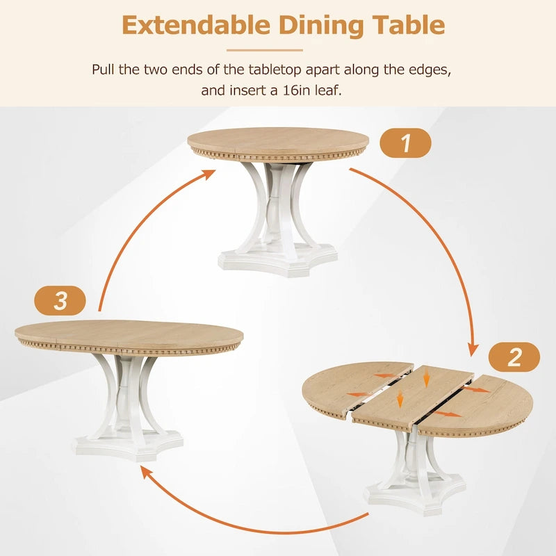 Table de salle à manger ronde extensible 4 places de style ferme à 3 couleurs et 4 chaises rembourrées