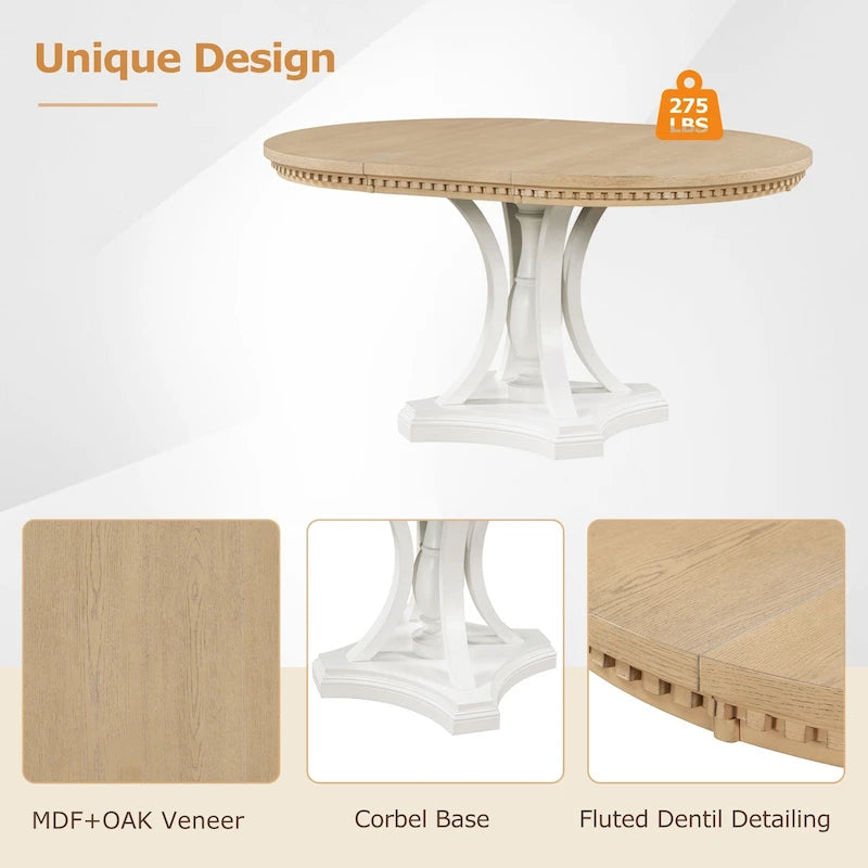 Table de salle à manger ronde extensible 4 places de style ferme à 3 couleurs et 4 chaises rembourrées