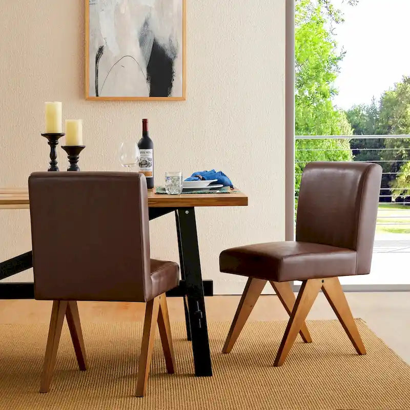 Chaise de salle à manger mi-siècle en similicuir marron/noir avec pieds en bois en V (lot de 2 ou 4)
