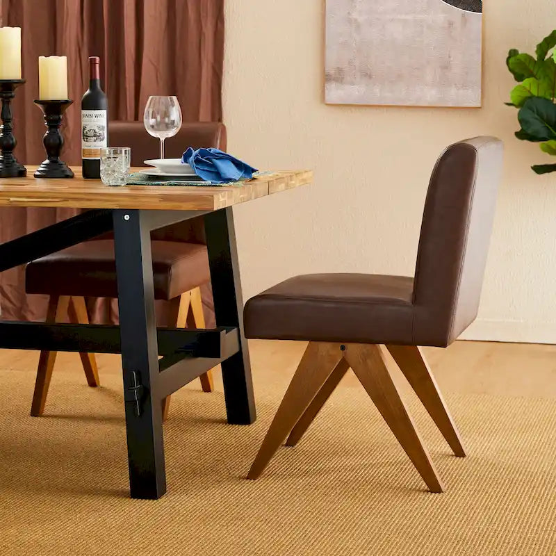Chaise de salle à manger mi-siècle en similicuir marron/noir avec pieds en bois en V (lot de 2 ou 4)