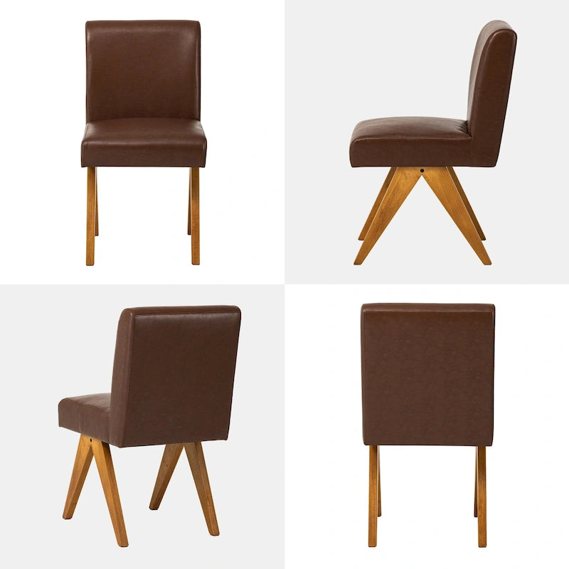 Chaise de salle à manger mi-siècle en similicuir marron/noir avec pieds en bois en V (lot de 2 ou 4)