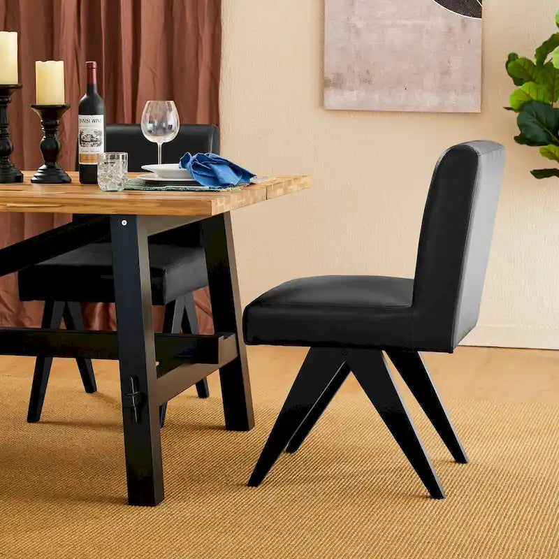 Chaise de salle à manger mi-siècle en similicuir marron/noir avec pieds en bois en V (lot de 2 ou 4)