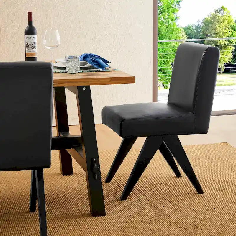 Chaise de salle à manger mi-siècle en similicuir marron/noir avec pieds en bois en V (lot de 2 ou 4)