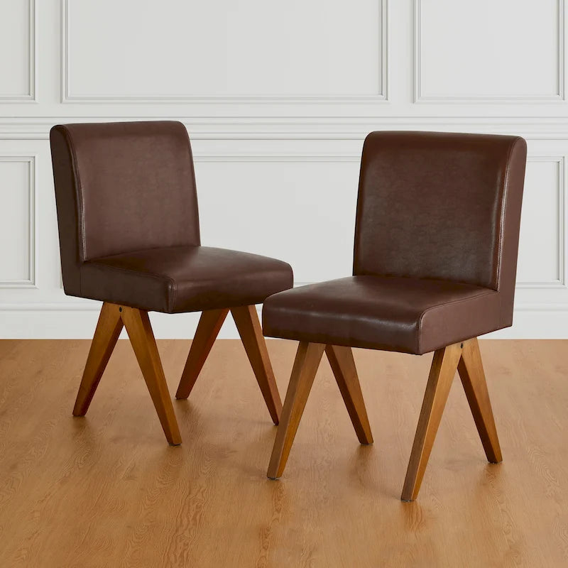 Chaise de salle à manger mi-siècle en similicuir marron/noir avec pieds en bois en V (lot de 2 ou 4)