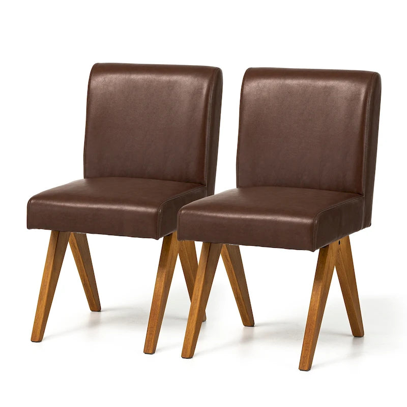 Chaise de salle à manger mi-siècle en similicuir marron/noir avec pieds en bois en V (lot de 2 ou 4)