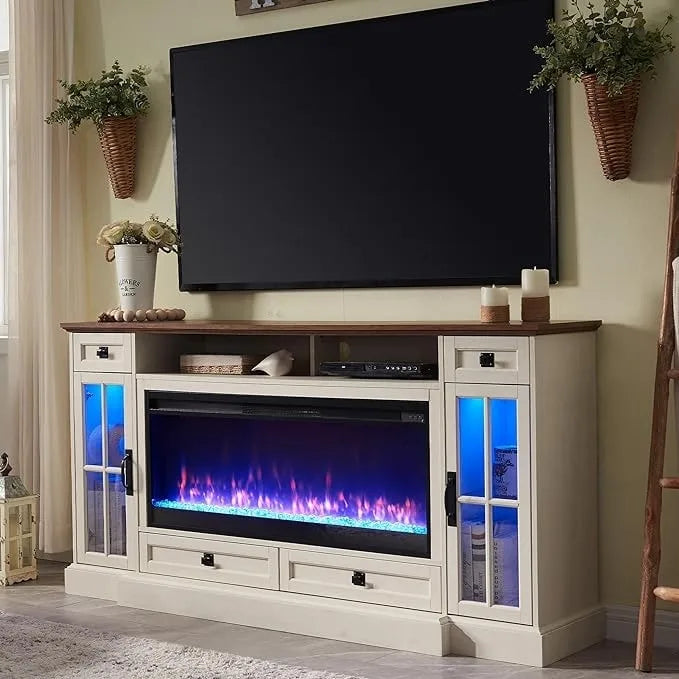 Meuble TV de ferme de 70 po avec cheminée électrique, 4 couleurs, convient aux téléviseurs jusqu'à 80 po
