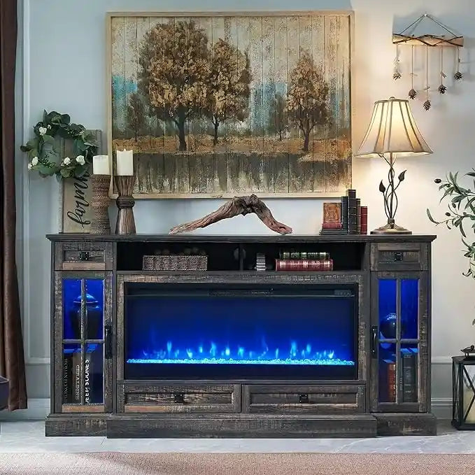 Meuble TV de ferme de 70 po avec cheminée électrique, 4 couleurs, convient aux téléviseurs jusqu'à 80 po