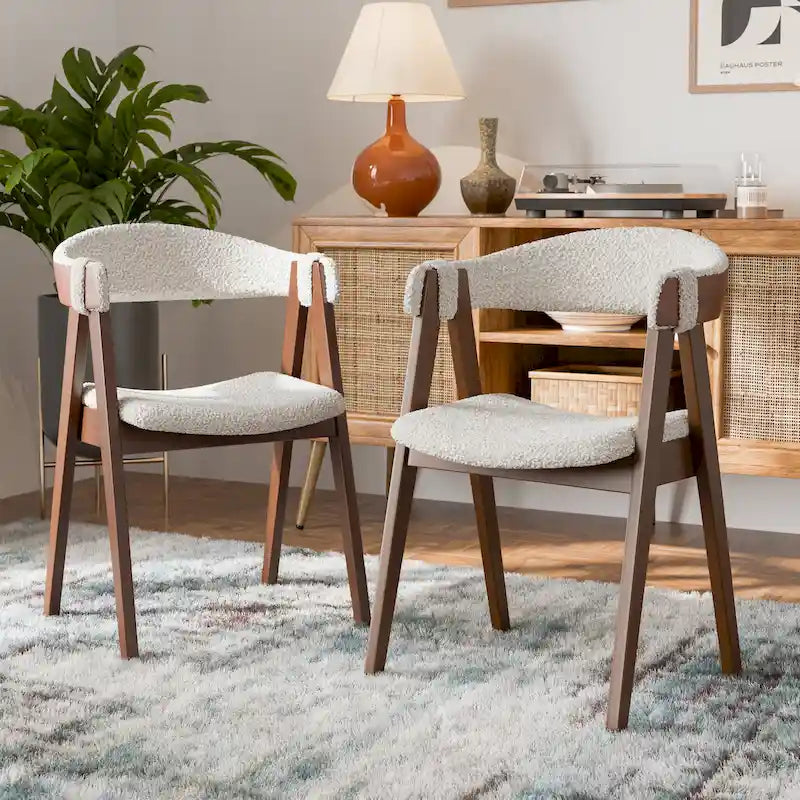 Chaise de salle à manger incurvée avec dossier en bouclette, pattes en bois, style Mid-Century, noyer/beige, pour 2 (lot de 2)