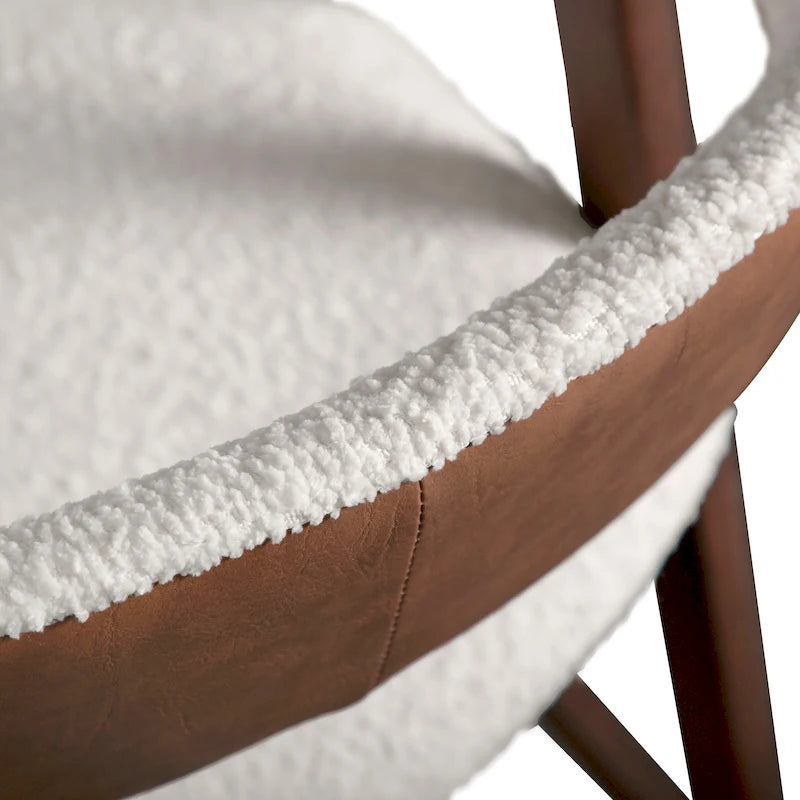 Chaise de salle à manger incurvée avec dossier en bouclette, pattes en bois, style Mid-Century, noyer/beige, pour 2 (lot de 2)