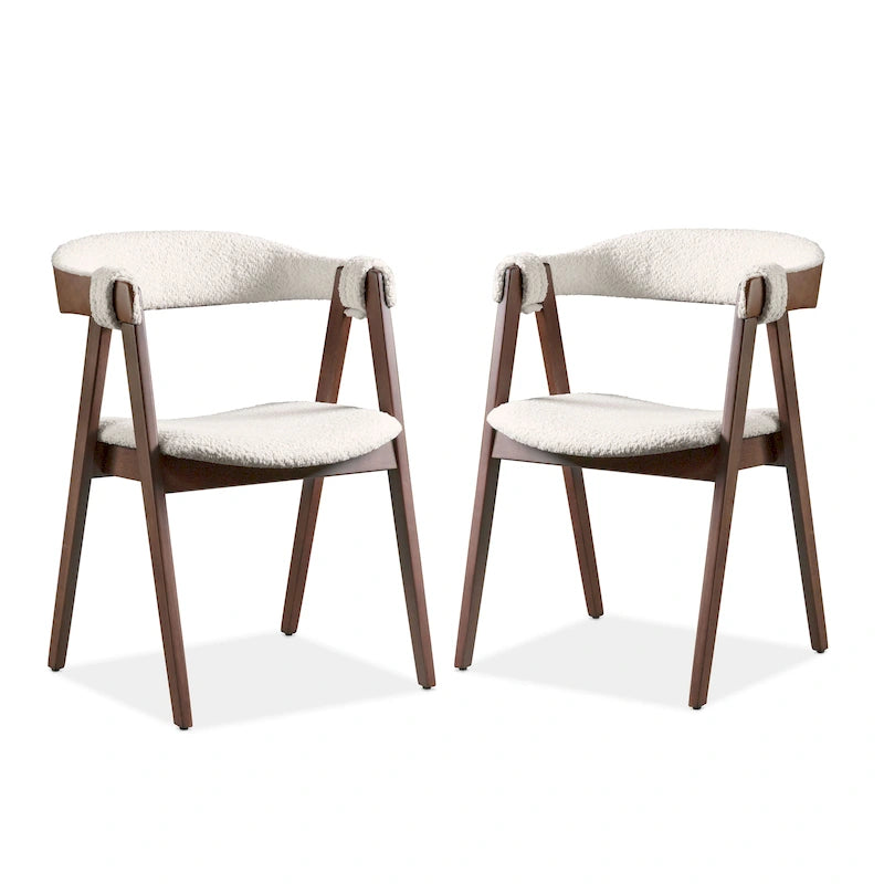 Chaise de salle à manger incurvée avec dossier en bouclette, pattes en bois, style Mid-Century, noyer/beige, pour 2 (lot de 2)